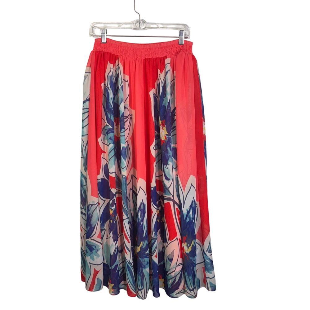 Chicos Floral Skirt Women Medium Coral Blue Midi Elastic Waist Lined No Size Tag